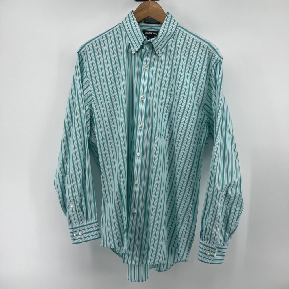 Lands' End Mens 16-33 Tailored Fit No Iron Supima Pinpoint Stripe Shirt Green - Picture 2 of 10